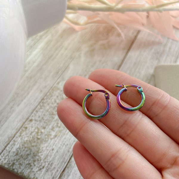 Rainbow Stainless Steel Iridescent Small Hoop Earrings | Rainbow Metal Jewelry