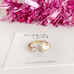 Shell Beaded Heart Ring | Cubic Zirconia Heart Open Cuff | 18K Gold Plated Finger Ring | ABS Plastic Pearl Beaded | Gift for Her