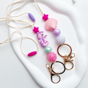 Tropical Pink Lanyards | Cute Seahorse | Clam Shell | Shimmer Sparkly Bubblegum Beads | Star Silicone  Beads |  Back To School Teacher Gift