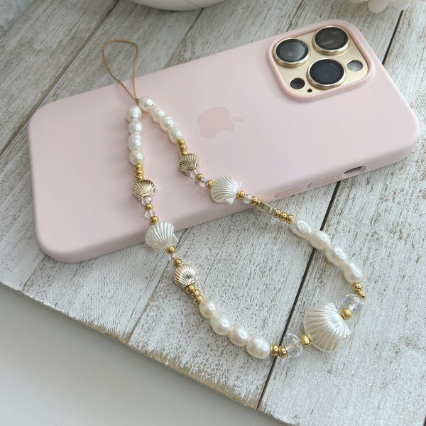 Glam Clam Golden Beach Themed Cell Phone Charm | Freshwater Pearls | Gold Seashell Crystal Beaded Phone Strap | Mermaid Phone Accessories