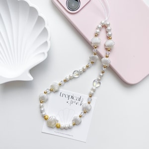 Sunkissed Clam Shell Coastal Themed Cell Phone Charm | White Pearls | Iridescent Glass Heart Beaded  Strap | Mermaid Phone Accessories |