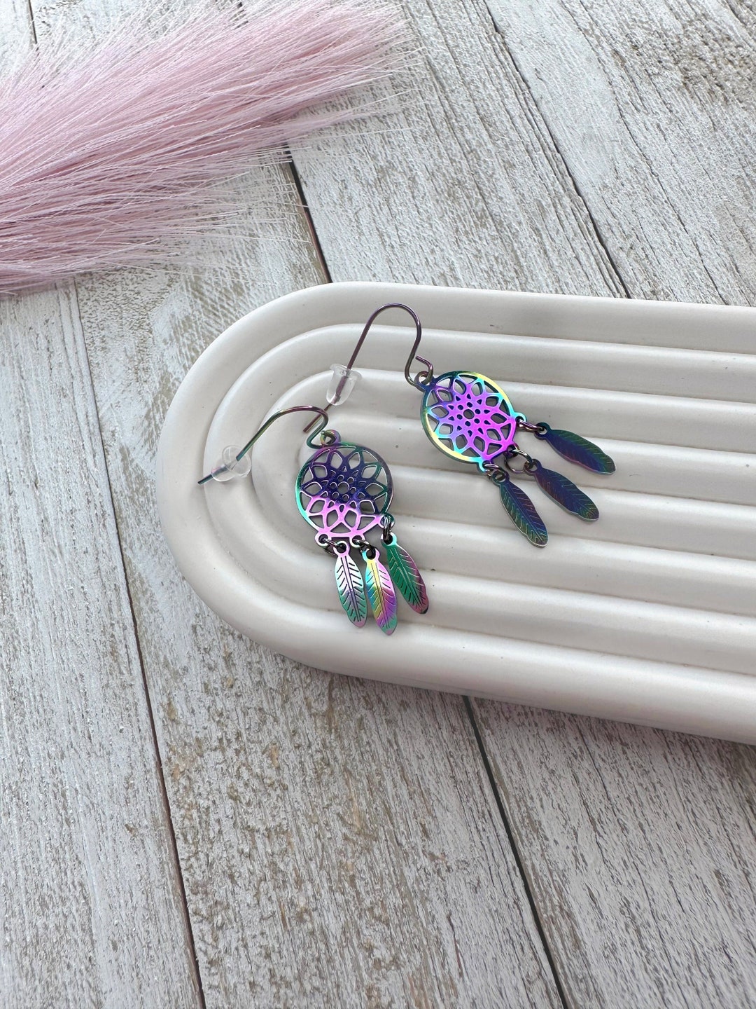 Iridescent Stainless Steel Dream Catcher Earrings Rainbow Etsy