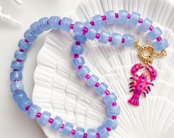 Pink Lobster Necklace | Sky Blue, Fuchsia Seed Beads | Chunky Resin Necklace | Coastal Ocean Crawfish Choker