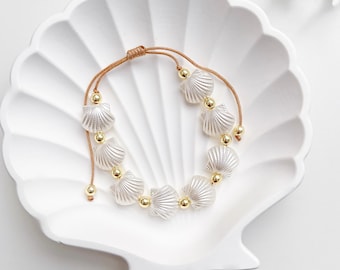 Shellabrate Adjustable Bracelet | Beach Jewelry | Clam Shell Beads | Seashell Bracelet | Coastal Aesthetic Gift | Mermaidcore Nautical Conch