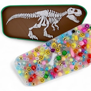 Può includere: Due custodie rettangolari. Una è marrone con uno scheletro di dinosauro bianco. L'altra è trasparente con perline colorate, faccine sorridenti e perline con lettere. Un design divertente e giocoso.