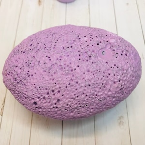 Op de afbeelding: Een groot, paars, getextureerd, eivormig object met een ruw, hobbelig oppervlak.