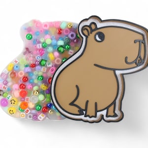 Può includere: Un ciondolo in resina fatto a mano con un design di capibara marrone e contorno nero. Accanto, una forma in resina trasparente riempita di perline colorate e perline con lettere. Il ciondolo è progettato per gioielli o artigianato.