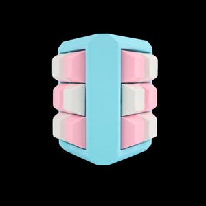 May include: A 3D-rendered geometric design featuring a light blue frame with stacked pink and white blocks. The design has a symmetrical, layered appearance, set against a black background.