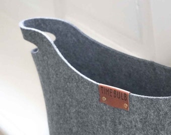 The Original. Hygge Soft Basket by TIMEBULB | Real Leather Gray Felt Storage Bin | Gadget Organizer Creative DIY Hobby Box | Shelf Home Gift