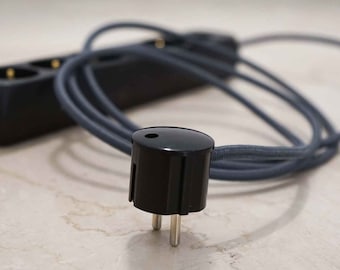 Custom 6x Cloth Cord PowerStrip | Granit Gray Fabric Cable | Multiple Socket Euro Textile Extension | Black Connector Plug | Industrial Loft
