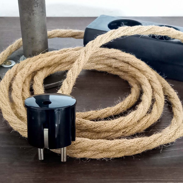 Tira de alimentación de cable de tela de cáñamo 3x 6x / Cable de extensión de zócalo múltiple industrial Hemprope / Aspecto de baquelita de tela textil / Cuerda de lino de yute EU