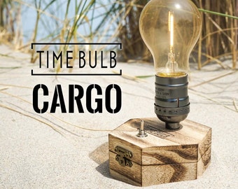 Travel Lamp TimeBulb CARGO | Flamed Wood Industrial Outdoor Driftwood | Wireless Battery Cordless Table Light Edison LED | Caravan Home Gift