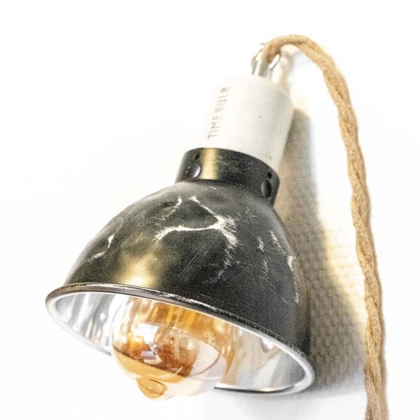 Led Hang-Up Light TimeBulb HOOK | Vintage Industrial Patina Spotlight Loft Wall Lamp | Cloth Cord | Bedside Kitchen Desk | Used Look Dented