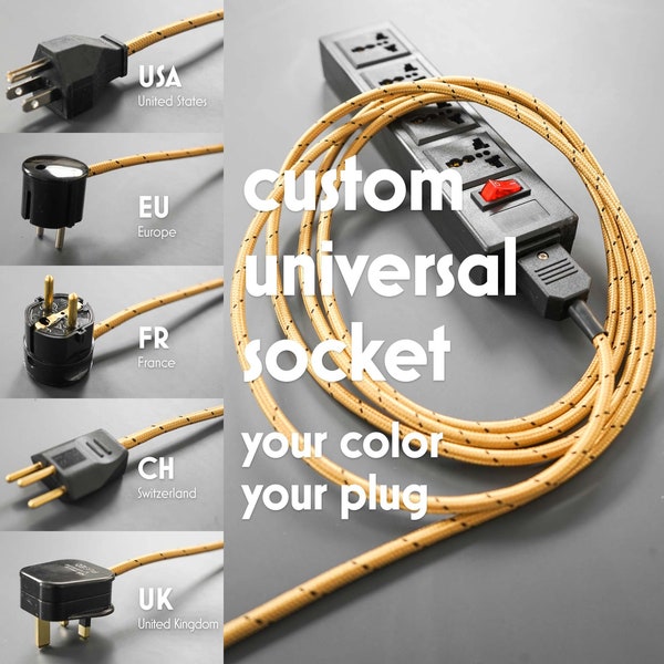 Prise universelle US UK EU | Câble en tissu personnalisé | Connecteur Fiche IEC320 C13 | Multiprise internationale | Rallonge de cordon en tissu | Cadeau pour la maison