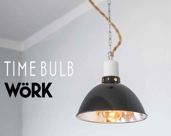 Led Industrial Vintage Pendant Lamp TIMEBULB WöRK | Minimalist Design Factory Ceiling Light | Enamel Look Reflector Shade Chain | Retro Home