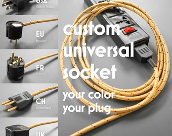 Universal Socket US UK EU | Custom Fabric Cable | Connector Plug IEC320 C13 | International Power Strip | Cloth Cord Extension | Home Gift