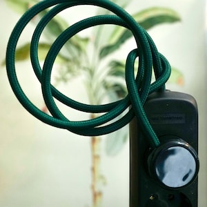 Custom 3x Cloth Cord PowerStrip | Multiple Outlet Euro Extension Cable Textile Fabric | Tropical Leaf Green Wall Socket Black Plug Home Gift