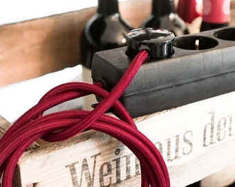 Wine Red 6x Cloth Cord Power Strip | Multiple Socket | Textile Fabric Extension Cable | Black Connector Plug | Bakelite Look HomeOffice Gift