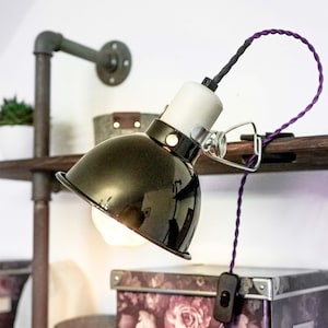 Custom Led Clamp Lamp TIMEBULB | Dimmable Rack Shelf Console Violet Cable, Vintage Industrial Emaille Look Reflector Shade Home Gift for her