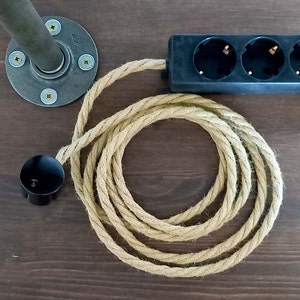 Hemp Cloth Cord Power Strip 3x 6x | Multiple Socket Extension Cable Hemprope | Textile Fabric | Jute Linen Muslin Rope | Europa Connector Strip | Black connector | Bakelite look Gadget Christmas Gift