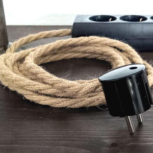 3x 6x Hanfseil Kabel Steckerleiste | Dreifach- / Mehrfach-Steckdose | Verlängerungskabel Hanfkabel Stoffkabel Textilkabel | Stecker Kunststoff schwarz | Bakelit Optik | Hanf Jute Hemp Rope Cable Cord