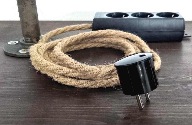 3x 6x Hanfseil Kabel Steckerleiste | Dreifach- / Mehrfach-Steckdose | Verlängerungskabel Hanfkabel Stoffkabel Textilkabel | Stecker Kunststoff schwarz | Bakelit Optik | Hanf Jute Hemp Rope Cable Cord