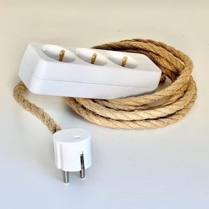 Power Strip Hemp Cord | 3x Multiple Socket Extension Cloth Cable Hemprope | Textile Fabric | White Bakelite Look Jute Linen Muslin Rope Gift