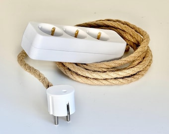 Power Strip Hemp Cord | 3x Multiple Socket Extension Cloth Cable Hemprope | Textile Fabric | White Bakelite Look Jute Linen Muslin Rope Gift