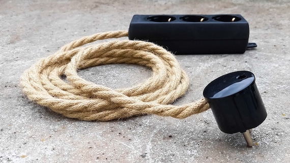 Hemp Cord Power Strip | 3x 6x Multiple Socket Extension Cloth Cable Hemprope | Textile Fabric | Bakelite Look | Jute Linen Muslin Rope Gift