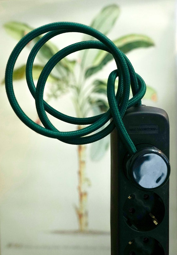 Custom 3x Cloth Cord PowerStrip | Multiple Outlet Euro Extension Cable Textile Fabric | Tropical Leaf Green Wall Socket Black Plug Home Gift