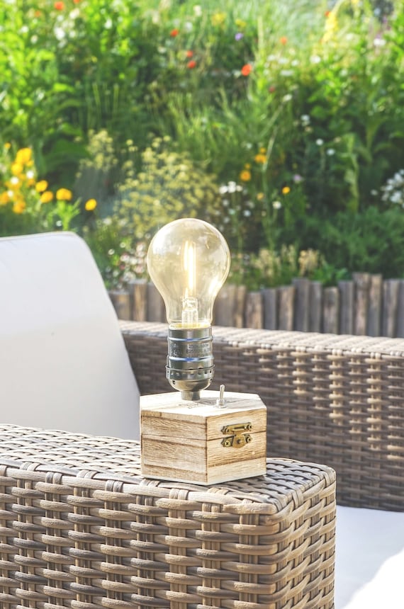 Led Cordless Table Lamp TimeBulb CARGO | Flamed Wood Industrial Terrace Outdoor Driftwood | Wireless Battery Light Edison | Travel Home Gift