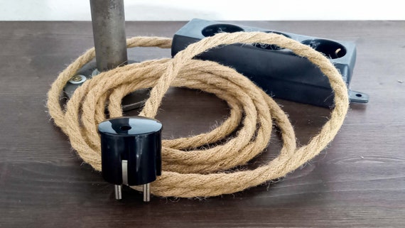 Hemp Cloth Cord Power Strip 3x 6x | Industrial Multiple Socket Extension Cable Hemprope | Textile Fabric Bakelite Look | Jute Linen Rope EU