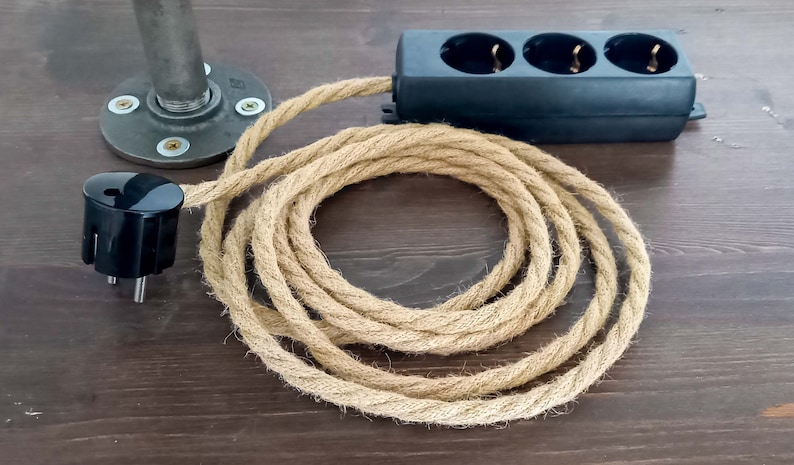 3x 6x Hanfseil Kabel Steckerleiste | Dreifach- / Mehrfach-Steckdose | Verlängerungskabel Hanfkabel Stoffkabel Textilkabel | Stecker Kunststoff schwarz | Bakelit Optik | Hanf Jute Hemp Rope Cable Cord