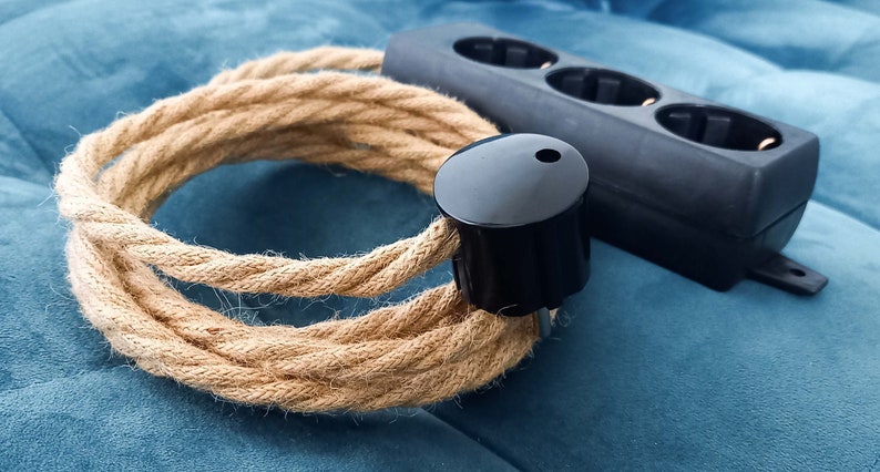 Hemp Cloth Cord Power Strip 3x 6x | Multiple Socket Extension Cable Hemprope | Textile Fabric | Jute Linen Muslin Rope | Europa Connector Strip | Black connector | Bakelite look Gadget Christmas Gift