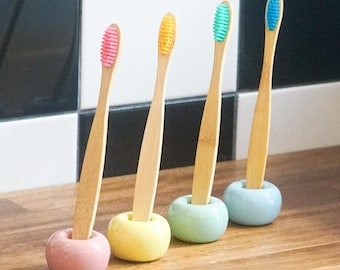Zahnbürste + Ständer Bambus/Keramik | Familien Kinder Feier Übernachtung | Porzellan Stift Ständer Bunt  Farben | Freund Freundin Geschenk
