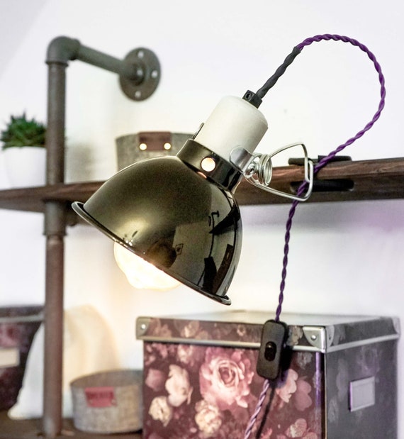 Custom Led Clamp Lamp TIMEBULB | Dimmable Rack Shelf Console Violet Cable, Vintage Industrial Emaille Look Reflector Shade Home Gift for her