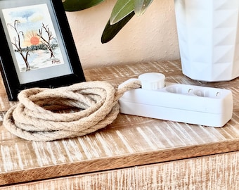 Hemp Cord Power Strip | 3x Multiple Socket Extension Cloth Cable Hemprope | Textile Fabric | White Bakelite Look Jute Linen Muslin Rope Gift