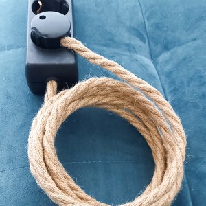 3x 6x Hanfseil Kabel Steckerleiste | Dreifach- / Mehrfach-Steckdose | Verlängerungskabel Hanfkabel Stoffkabel Textilkabel | Stecker Kunststoff schwarz | Bakelit Optik | Hanf Jute Hemp Rope Cable Cord