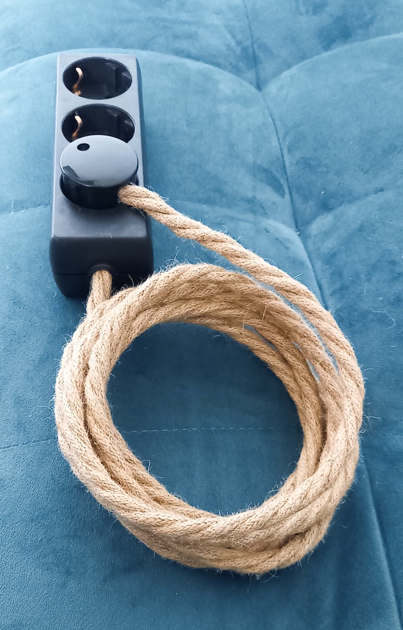 3x 6x Hanfseil Kabel Steckerleiste | Dreifach- / Mehrfach-Steckdose | Verlängerungskabel Hanfkabel Stoffkabel Textilkabel | Stecker Kunststoff schwarz | Bakelit Optik | Hanf Jute Hemp Rope Cable Cord