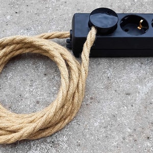 3x 6x Hanfseil Kabel Steckerleiste | Dreifach- / Mehrfach-Steckdose | Verlängerungskabel Hanfkabel Stoffkabel Textilkabel | Stecker Kunststoff schwarz | Bakelit Optik | Hanf Jute Hemp Rope Cable Cord
