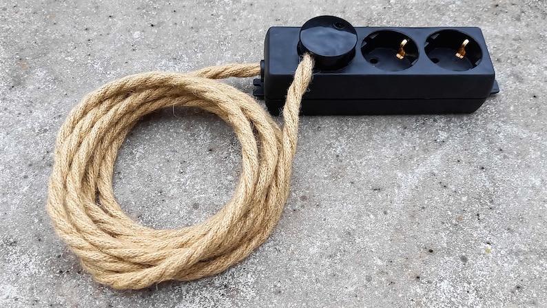 3x 6x Hanfseil Kabel Steckerleiste | Dreifach- / Mehrfach-Steckdose | Verlängerungskabel Hanfkabel Stoffkabel Textilkabel | Stecker Kunststoff schwarz | Bakelit Optik | Hanf Jute Hemp Rope Cable Cord