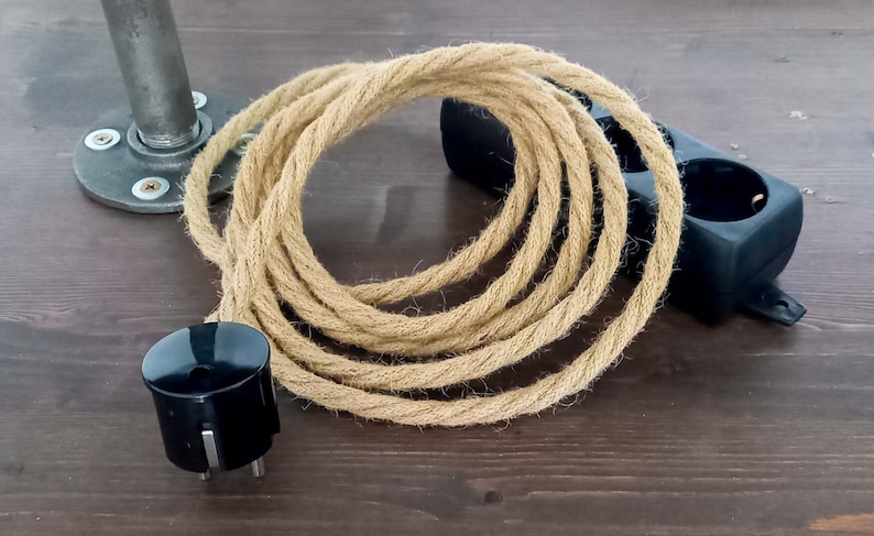 Hemp Cloth Cord Power Strip 3x 6x | Multiple Socket Extension Cable Hemprope | Textile Fabric | Jute Linen Muslin Rope | Europa Connector Strip | Black connector | Bakelite look Gadget Christmas Gift