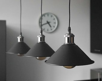 Ensemble de lampes à suspension noir mat TIMEBULB CONE | Plafonnier LED vintage pour bar de cuisine design industriel | Abat-jour d'usine rétro de style cuivre pour la maison