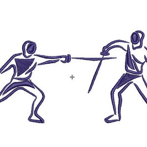 May include: A line drawing of two fencers in a fencing match. The fencers are wearing fencing masks and are holding their foils. The fencers are in a dynamic pose, with one fencer lunging forward and the other fencer on the defensive.