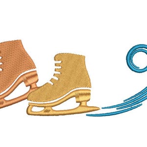 May include: Two pairs of ice skates, one brown and one gold, with a blue swirl and lines representing ice trails.
