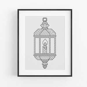 Blackwork Embroidery Pattern - Lantern and Candle Embroidery Pattern - Blackwork Pattern of a Lantern