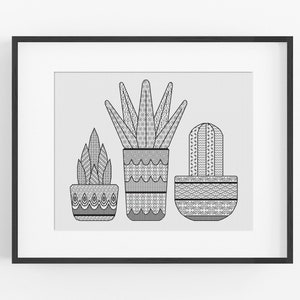 Puede incluir: Impresión en blanco y negro de arte de línea de tres plantas en maceta. Las plantas son un cactus, una suculenta y una aloe vera. Las macetas están decoradas con patrones geométricos.