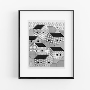 Könnte beinhalten: Schwarz-weißes geometrisches Muster einer Stadtlandschaft mit Häusern aus verschiedenen Mustern.