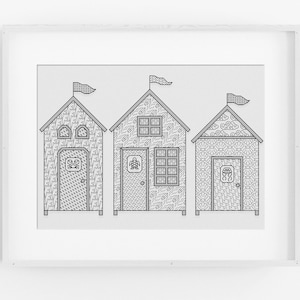 May include: A black and white illustration of three beach houses with patterned walls and flags on top. Each house has a different pattern and a different symbol on the door.