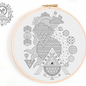 Blackwork Embroidery Pattern - Esoteric Space and Weather Inspired Embroidery Pattern - Blackwork Pattern of Planets, Moon Phases, Weather